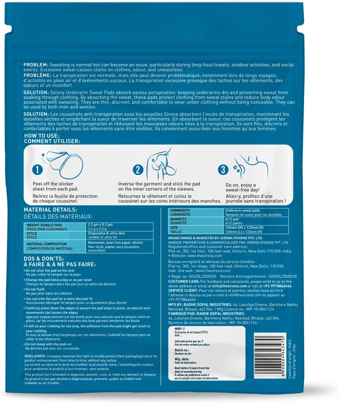 Sirona Disposable Underarm Sweat Pads | Ultra-Thin, Soft & Rash-Free Antiperspirant Shields | Absorbent Odour Blocker, Stain-Free Protection | Ideal for Hyperhidrosis | Pack of 24 Pads