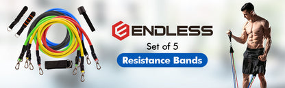 Endless EL1043 Toning Tubes Set of 5 with Different Resistance Levels | Multi Colour | Material : Natural Latex | With Door Anchor, Handles, Waterproof Carry Bag, Leg Ankle Straps for Men and Women