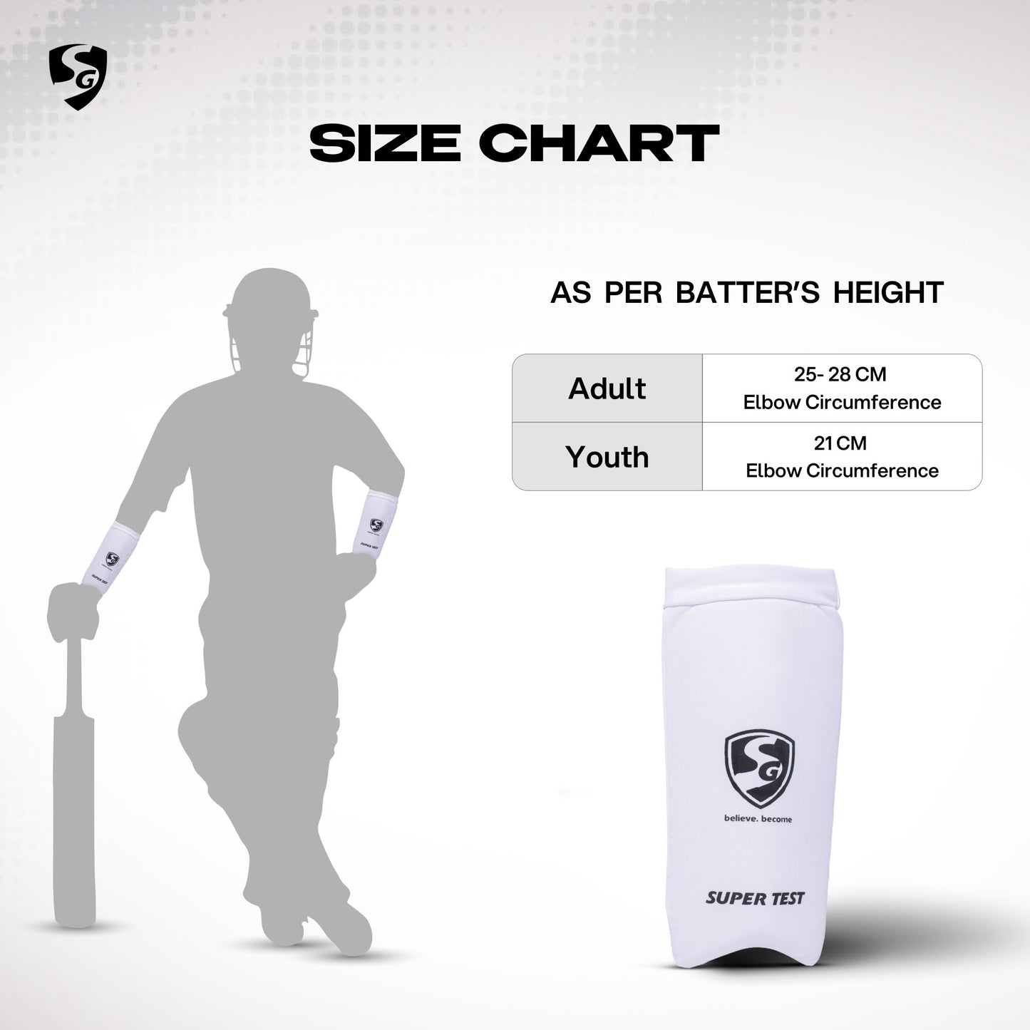 SG Super Test Cricket Elbow Guard | White | Size: Youth | Elbow Protector