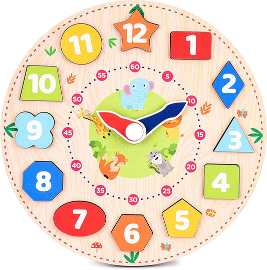 Webby Wooden Early Educational Teaching Clock for kids (12 Pieces) | Rotating Hour & Minute Hands | Improve Motor Skills & Color Recognition for Toddlers