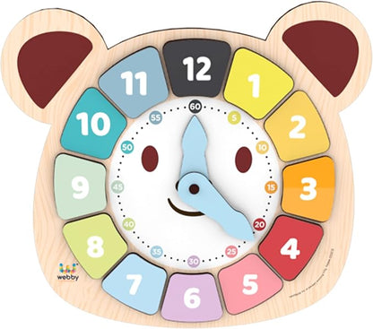 Webby Wooden Early Educational Teaching Clock for kids (12 Pieces) | Rotating Hour & Minute Hands | Improve Motor Skills & Color Recognition for Toddlers