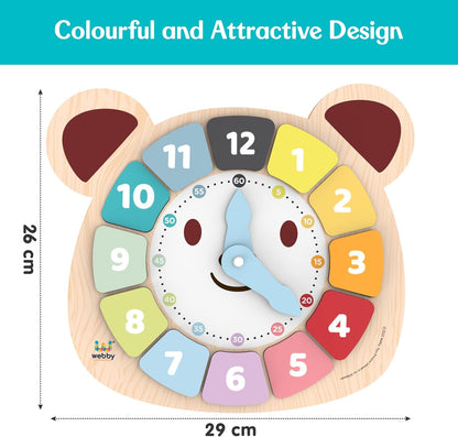Webby Wooden Early Educational Teaching Clock for kids (12 Pieces) | Rotating Hour & Minute Hands | Improve Motor Skills & Color Recognition for Toddlers