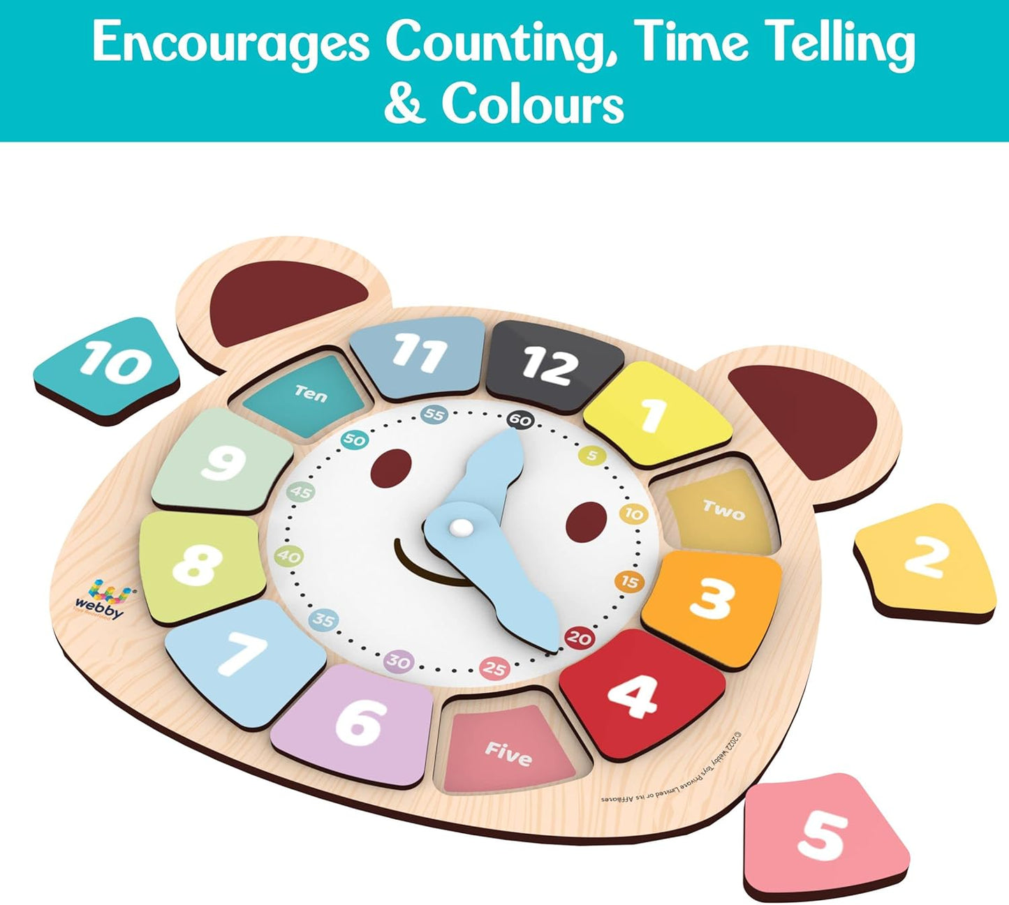 Webby Wooden Early Educational Teaching Clock for kids (12 Pieces) | Rotating Hour & Minute Hands | Improve Motor Skills & Color Recognition for Toddlers