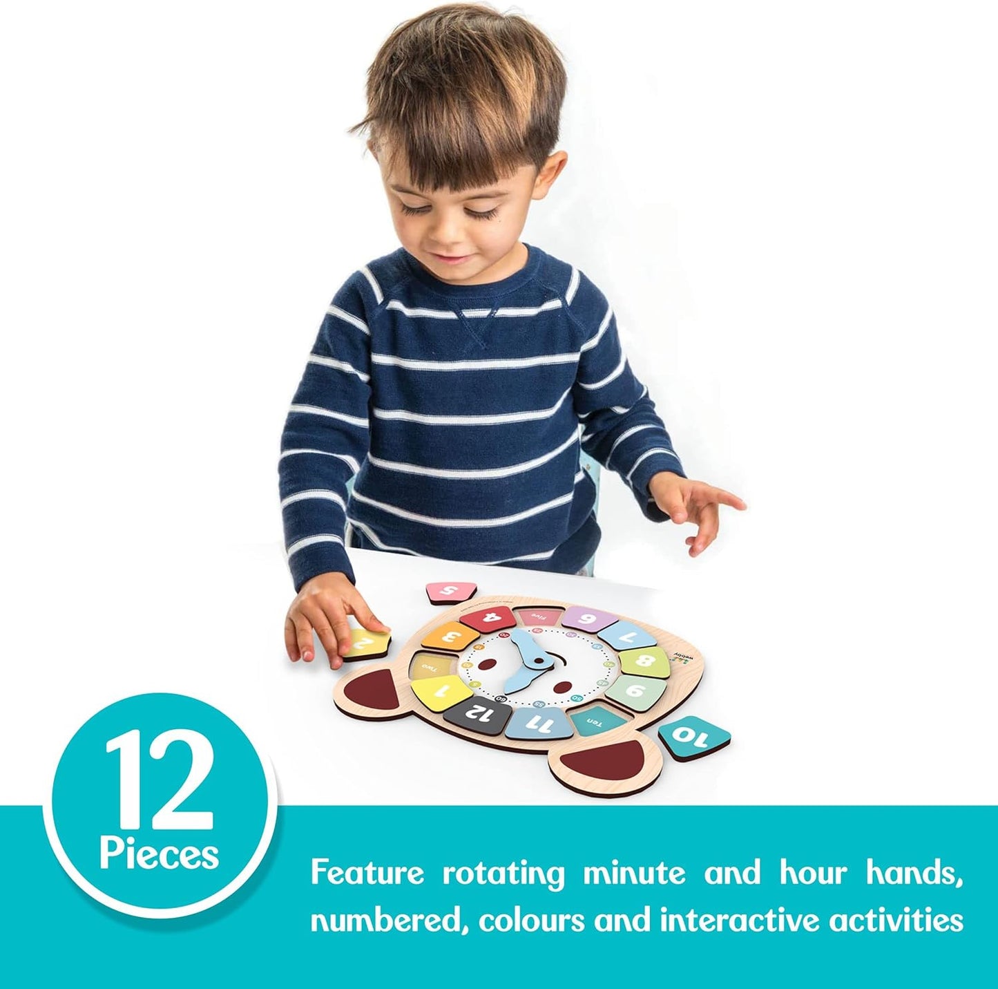 Webby Wooden Early Educational Teaching Clock for kids (12 Pieces) | Rotating Hour & Minute Hands | Improve Motor Skills & Color Recognition for Toddlers