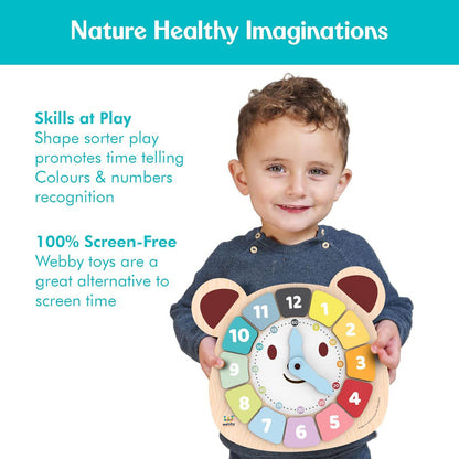 Webby Wooden Early Educational Teaching Clock for kids (12 Pieces) | Rotating Hour & Minute Hands | Improve Motor Skills & Color Recognition for Toddlers