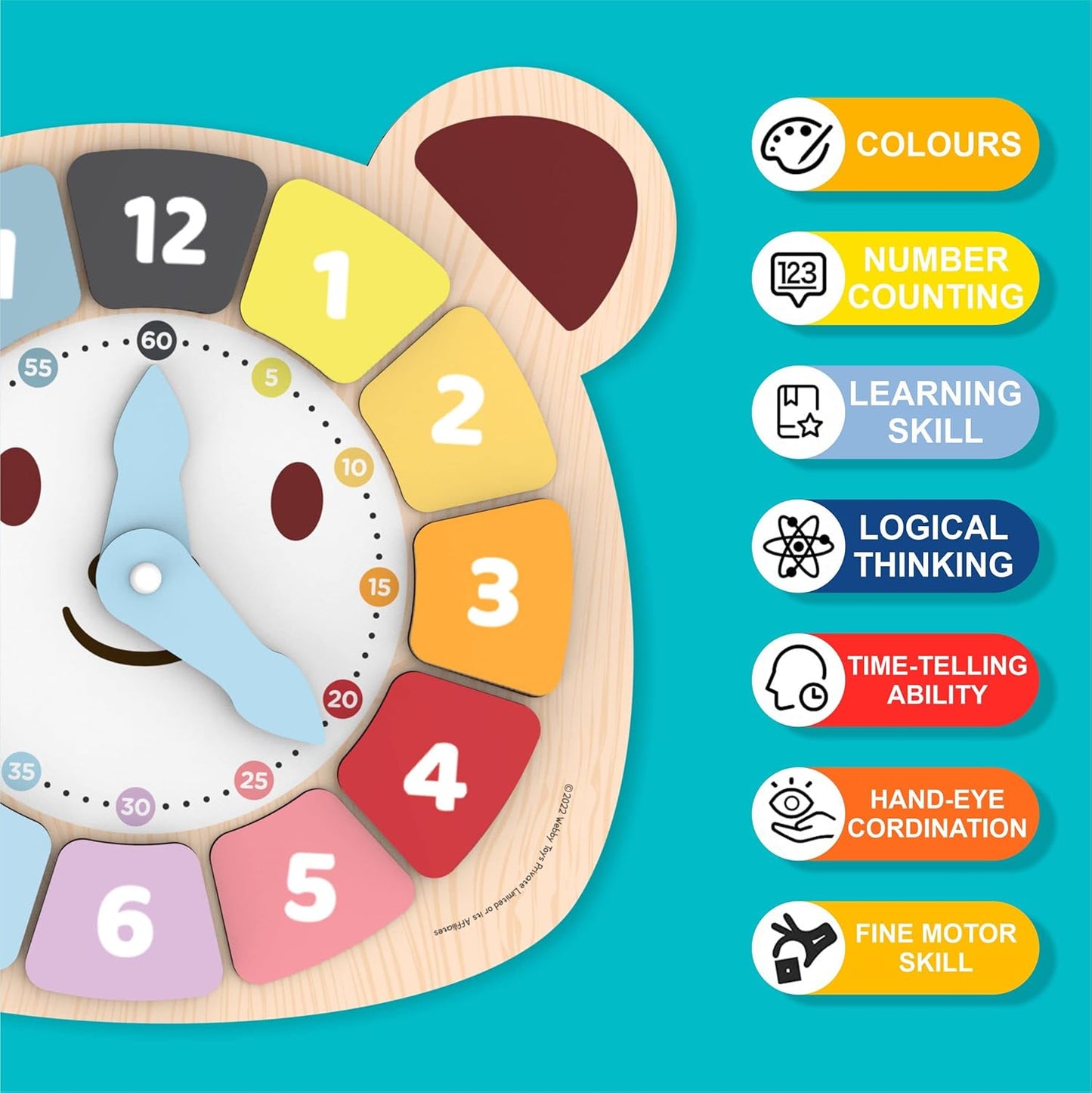 Webby Wooden Early Educational Teaching Clock for kids (12 Pieces) | Rotating Hour & Minute Hands | Improve Motor Skills & Color Recognition for Toddlers