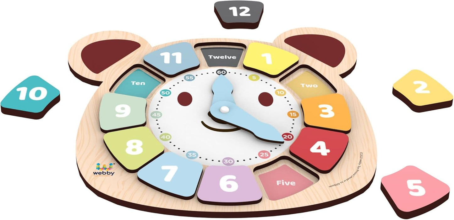 Webby Wooden Early Educational Teaching Clock for kids (12 Pieces) | Rotating Hour & Minute Hands | Improve Motor Skills & Color Recognition for Toddlers