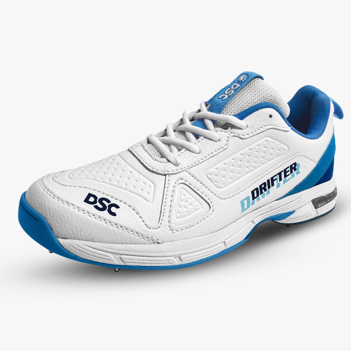 DSC Drifter Cricket Shoes | Color: White & Blue | For Mens & Boys | Material: Polyurethane | Rubber Outsole with Metal Spikes | Lightweight &  Breathable Mesh