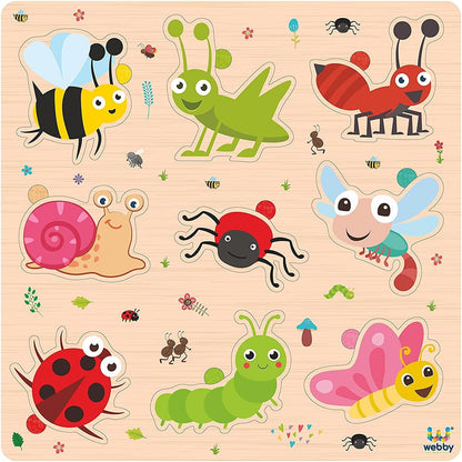 Webby Wooden Insects Montessori Educational Puzzle Board Toy for Boys and Girls Enhances Visual, Shape, and Colour Recognition Boosts Memory & Fine Motor Skills Child-Safe Design