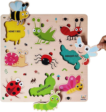 Webby Wooden Insects Montessori Educational Puzzle Board Toy for Boys and Girls Enhances Visual, Shape, and Colour Recognition Boosts Memory & Fine Motor Skills Child-Safe Design
