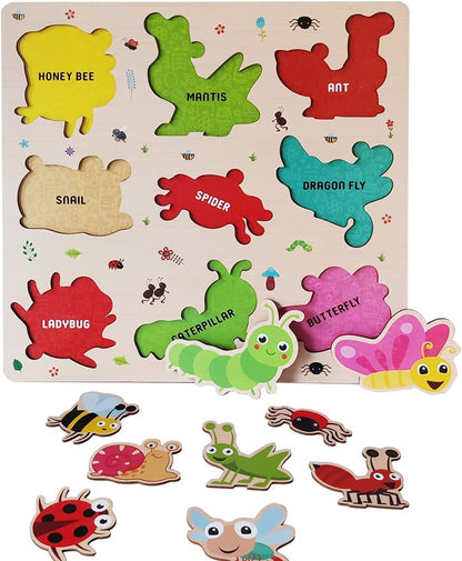Webby Wooden Insects Montessori Educational Puzzle Board Toy for Boys and Girls Enhances Visual, Shape, and Colour Recognition Boosts Memory & Fine Motor Skills Child-Safe Design