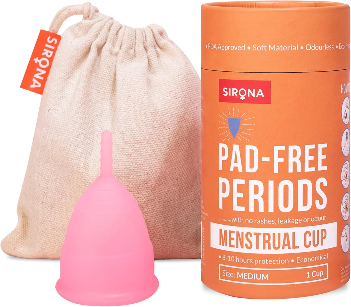 Sirona Menstrual Cup for Women| Wear for 12 Hours| Reusable Period Cup - Soft, Flexible, Leak-proof Design, Medical-Grade Non-Toxic Silicone, BPA and Latex Free