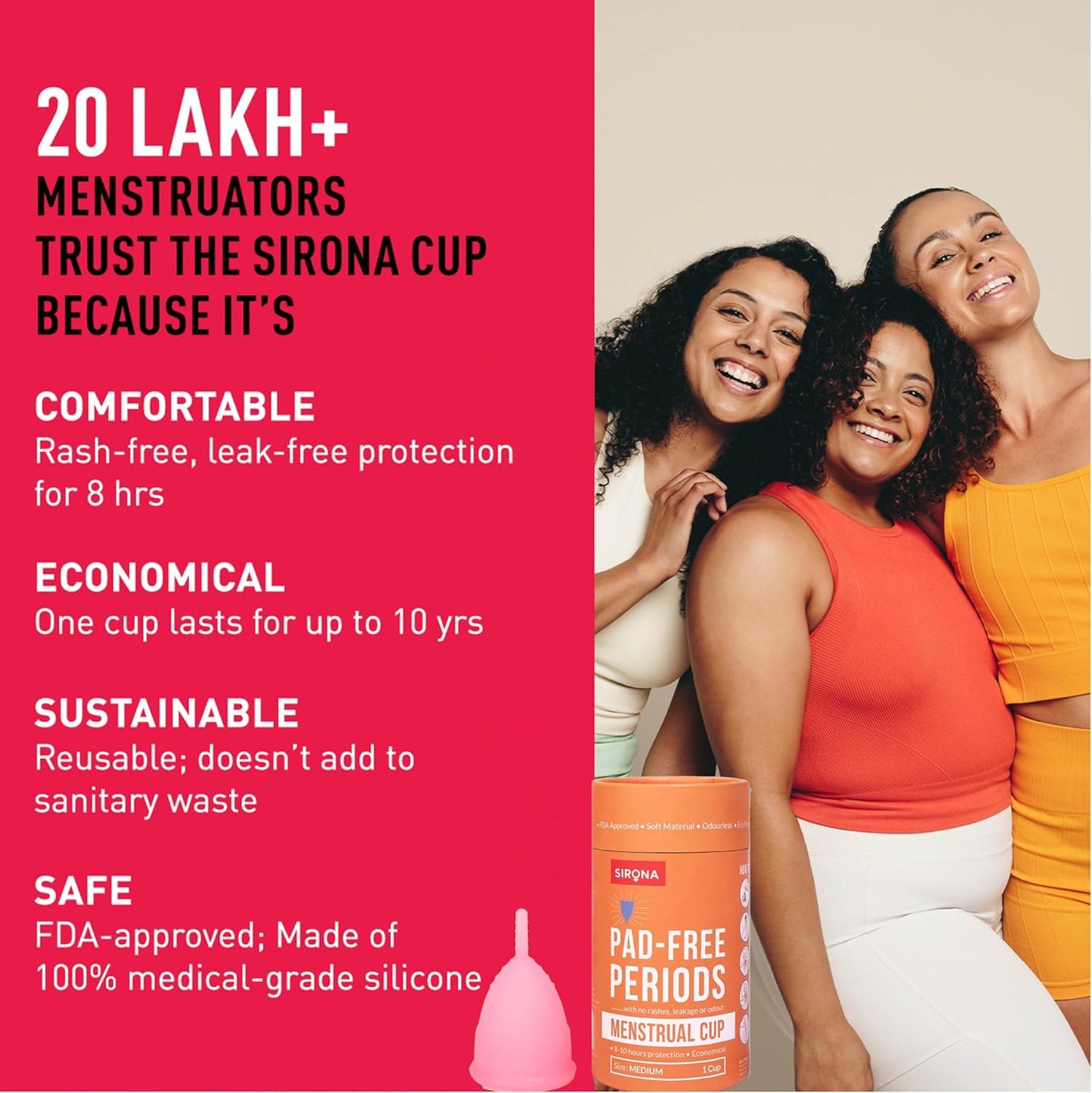 Sirona Menstrual Cup for Women| Wear for 12 Hours| Reusable Period Cup - Soft, Flexible, Leak-proof Design, Medical-Grade Non-Toxic Silicone, BPA and Latex Free
