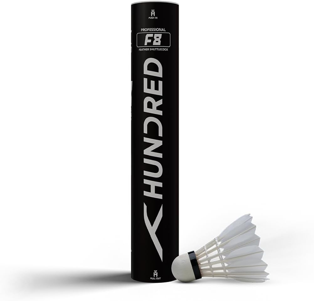 HUNDRED F8 Feather Shuttlecock | Speed 77 | Colour: White | Japanese Premium Adhesive | Material: Duck Feather | Pack of 10 | Pure Cotton Threading