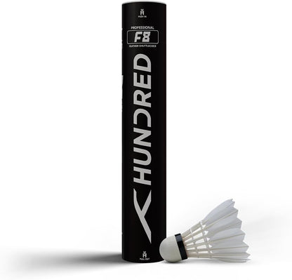 HUNDRED F8 Feather Shuttlecock | Speed 77 | Colour: White | Japanese Premium Adhesive | Material: Duck Feather | Pack of 10 | Pure Cotton Threading