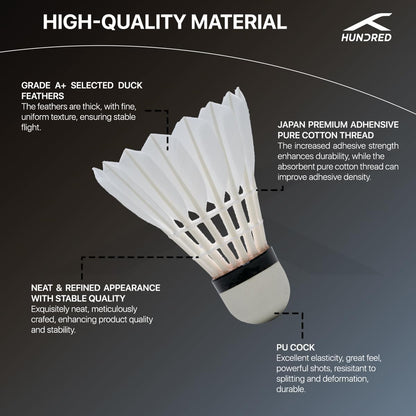 HUNDRED F8 Feather Shuttlecock | Speed 77 | Colour: White | Japanese Premium Adhesive | Material: Duck Feather | Pack of 10 | Pure Cotton Threading