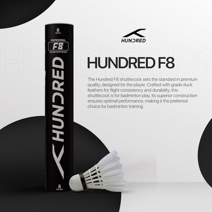 HUNDRED F8 Feather Shuttlecock | Speed 77 | Colour: White | Japanese Premium Adhesive | Material: Duck Feather | Pack of 10 | Pure Cotton Threading