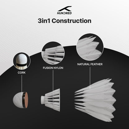 HUNDRED F8 Feather Shuttlecock | Speed 77 | Colour: White | Japanese Premium Adhesive | Material: Duck Feather | Pack of 10 | Pure Cotton Threading